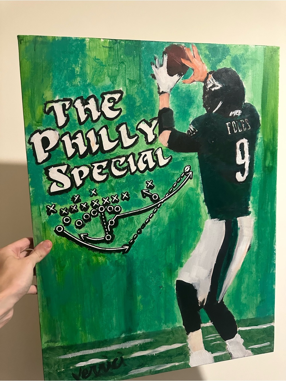 The Philly Special Nick Foles Football painting 18x24 signed by the artist